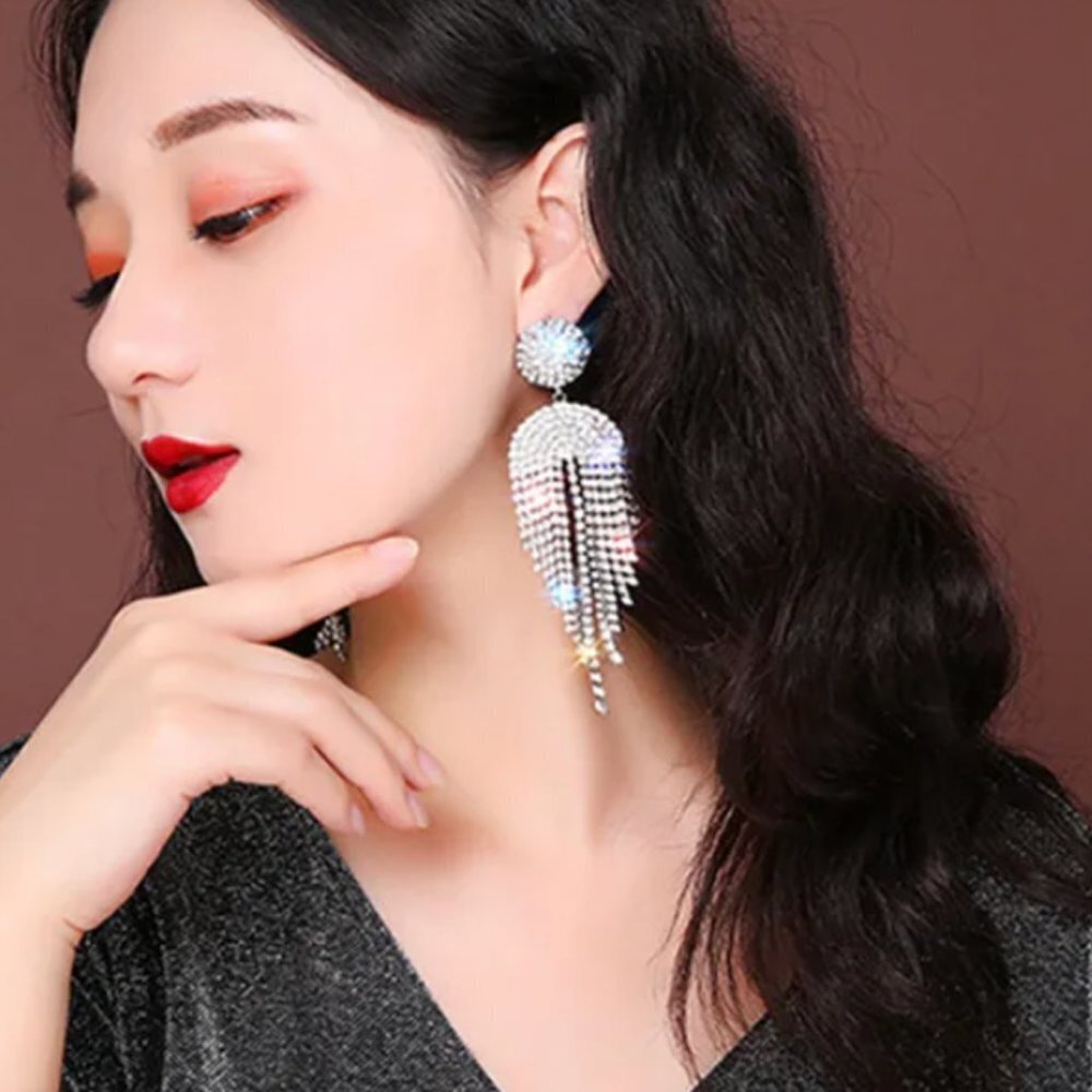 Tassels Bling Rhinestone Earrings Fringe Dangle Dramatic Club Holiday Party - Picture 2 of 2